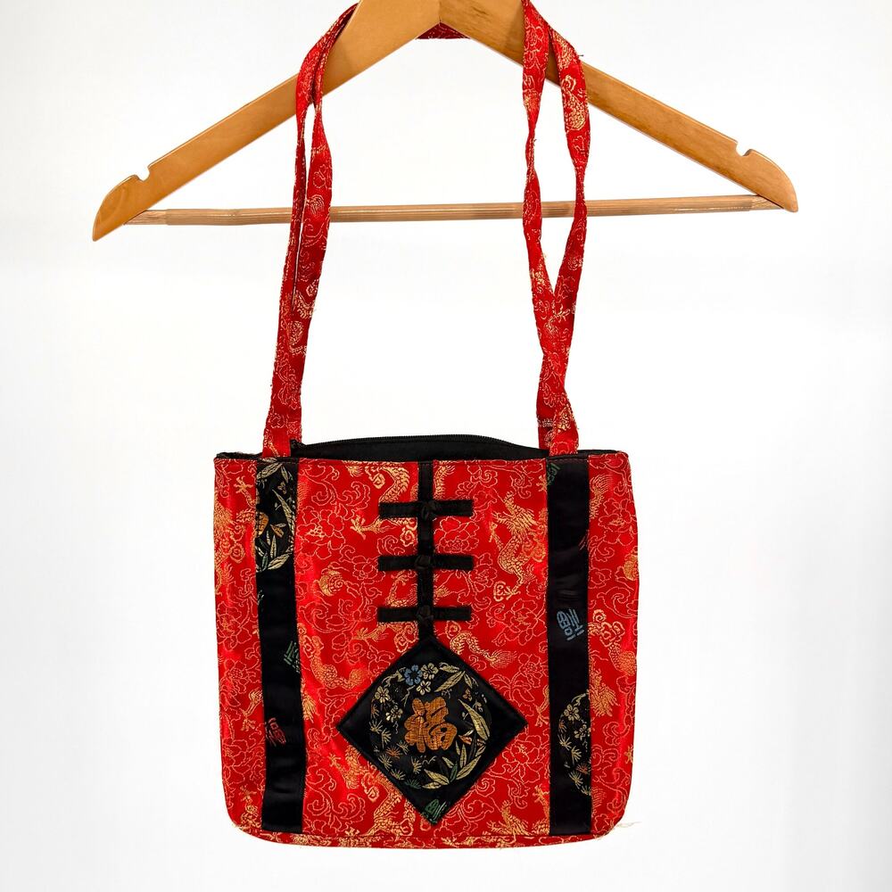Vintage Y2K Chateau Red Gold Chinese Dragon Frog Closure Shoulder Bag